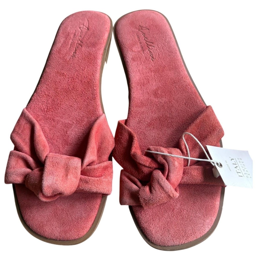 NWT Aurelli Italy Suede Bow Slide Sandals Women's Size 9 Coral Genuine‎ Leather